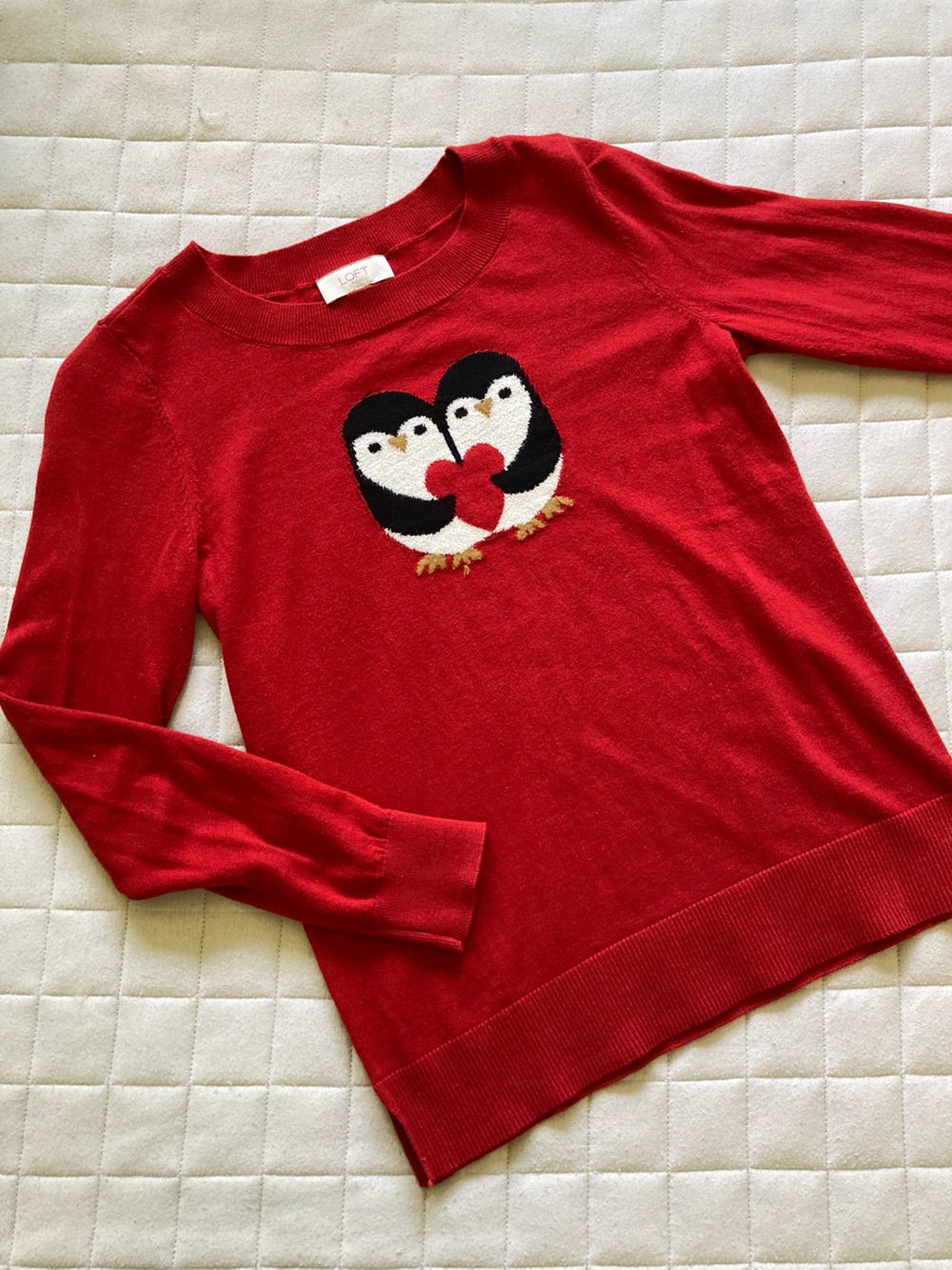 LOFT Women’s Red Crewneck Holiday/Christmas Sweater with Penguin Heart Motif